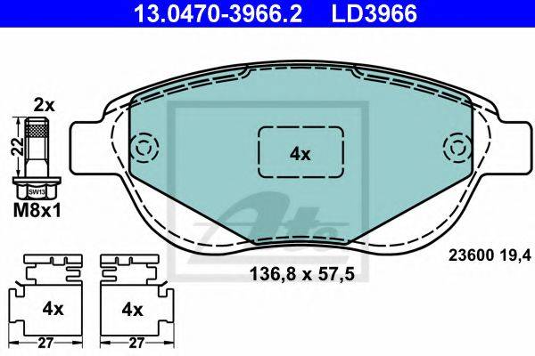 Комплект тормозных колодок, дисковый тормоз ATE 13.0470-3966.2