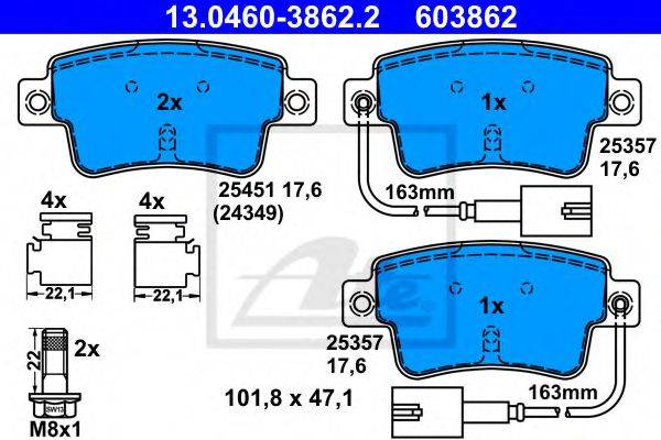 Комплект тормозных колодок, дисковый тормоз ATE 13.0460-3862.2